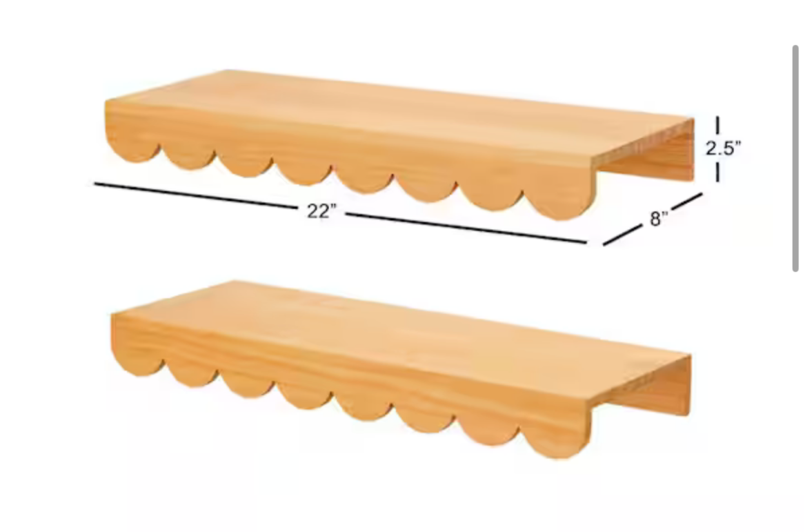 Scalloped Natural Wood Floating Wall Shelves (22" W x 2.5" H) (Set of 2)