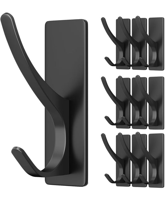 Self Adhesive Coat Hooks for Hanging, Heavy Duty Stainless Double Wall Hook for Towel, Backpack, Hat, Sturdy Metal Hanger for Bathroom, Bedroom, Door, Wall Mounted, 10 Pack, Matt Black, New