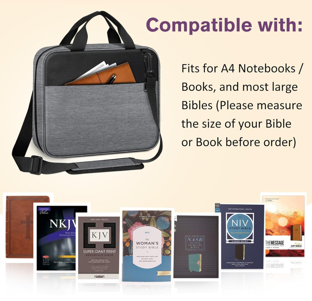 FINPAC Extra Large Bible Cover, Carrying Book Case Church Bag Bible Protective with Detachable Shoulder Strap & Zippered Pocket, Gift for Men Women, Gray