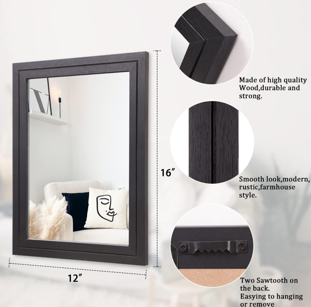 AAZZKANG Wall Mirror Black Wood Framed Mirror Rectangle Decorative Hanging Mirrors for Bedroom Bathroom Living Room Wall Decor Small