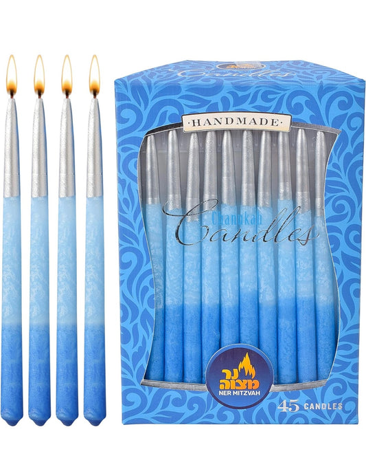 Dripless Chanukah Candles Standard Size - Decorated Ombre Blue & Silver Hanukkah Candles Fits Most Menorahs - Premium Quality Wax - 45 Count for All 8 Nights of Hanukkah - by Ner Mitzvah