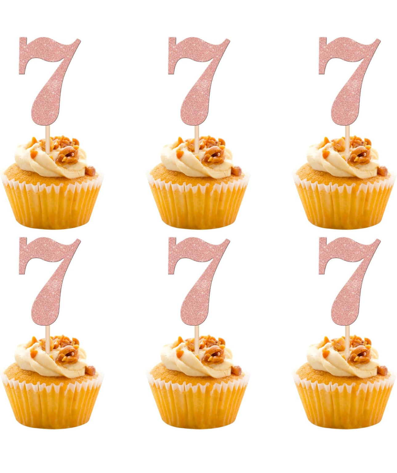 Gexolenu 24 PCS Rose Gold Double-sided 7th Birthday Cupcake Toppers, Glitter Age SEVEN Cake Picks Decor, Seventh Happy Birthday Party Decorations Baby Shower Anniversary Party Supplies