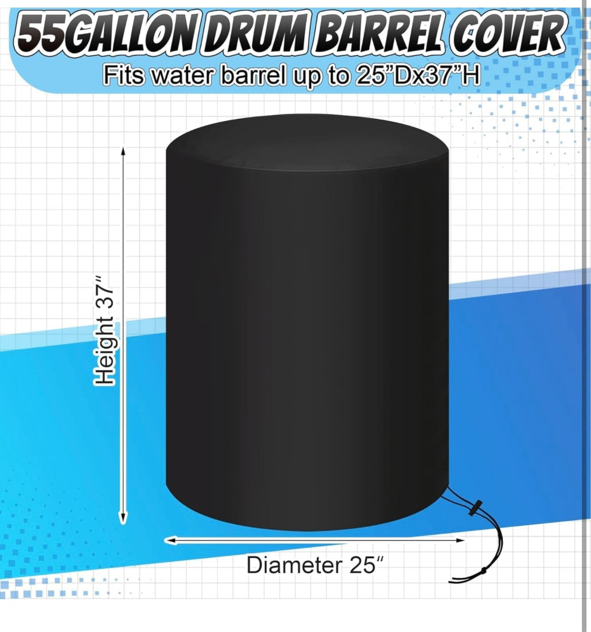 55 Gallon Rain Barrel Cover 420D Water Storage Barrel Cover Oxford Cloth 25 x 37 Inch Outdoor Waterproof Rain Snow Bucket Cover with Drawstring, UV Protection, Anti Dust (Black)