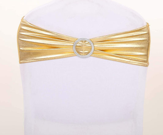 10 pcs Gold Metallic Spandex Chair Sashes with Silver Round Buckles Wedding Ceremony Reception Decorations Supplies