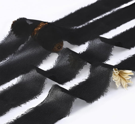 4 Pieces Handmade Fringe Chiffon Silk Ribbon 1.5" x 5.47Yd *4Pcs(Total 21.87Yd) Black Ribbons Set for Wedding Invitations Bridal Bouquets Gifts Wrapping DIY Crafts 5m×4pcs