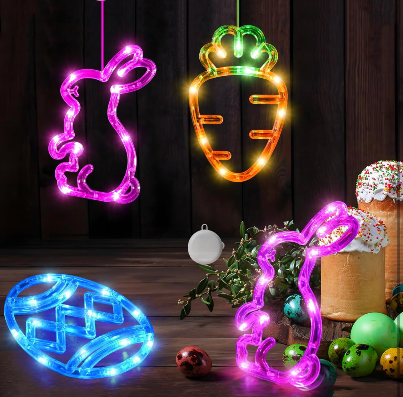 4Pack Easter Window Lights Decorations with Timer, Battery Powered Hanging Pink Orange Green Blue Lighted Bunny Carrot Egg Shaped LED