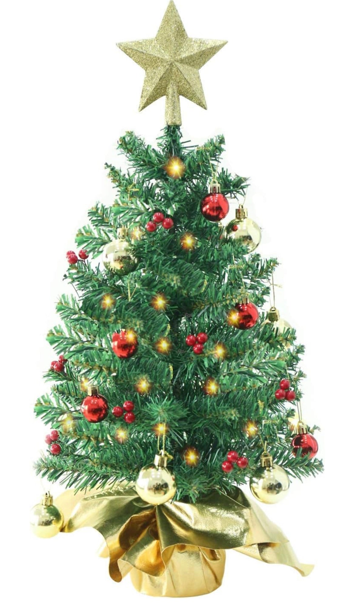Liecho 24 Inch Tabletop Mini Christmas Tree, Miniature Pine Christmas Tree with Hanging Ornaments, Battery Operated Artificial Xmas Tree, Best DIY Christmas Decorations-Gold