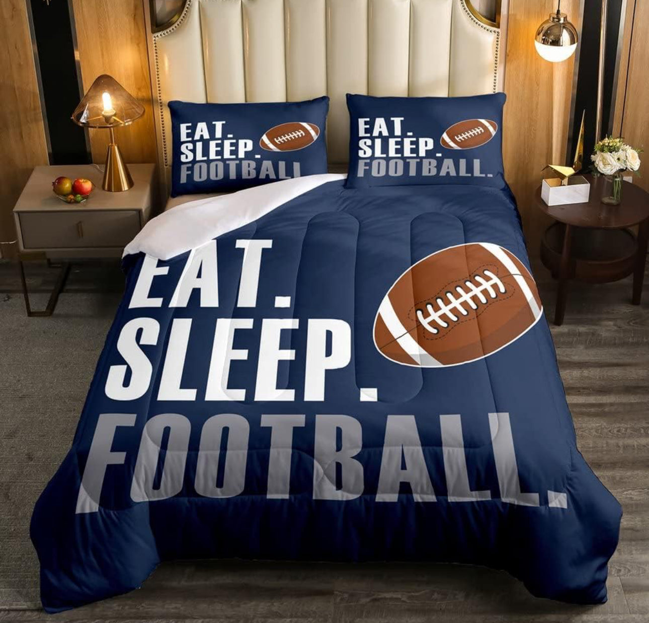 Rugby Comforter American Football Sports Bedding Set for Boys Girls Women Men Blue Eat Sleep Football Comforter Set Ball Games Room Decor Full Size Quilt Set 3Pcs