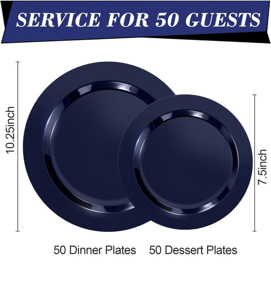 100PCS Blue Plastic Plates, Heavy Duty Disposable Plastic Plates with 50PCS 10.25inch Dinner Plates and 50PCS 7.5inch Dessert Plates, Disposable Plates for Party Wedding