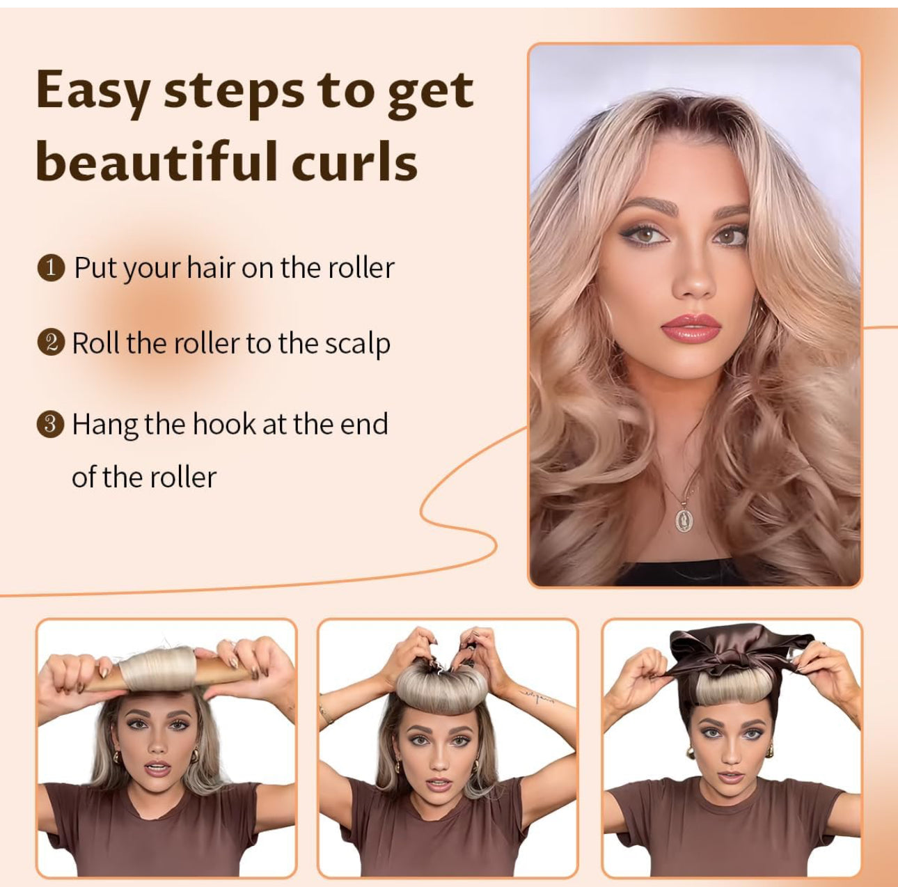 Heatless Hair Curler Overnight Blowout Curls Rods with Luxury Cloth Bag Silk Scarf, Heatless Curling Rod Headband to Sleep in No Heat Curling Headband with Hook for All Hair Types (3PC Brown