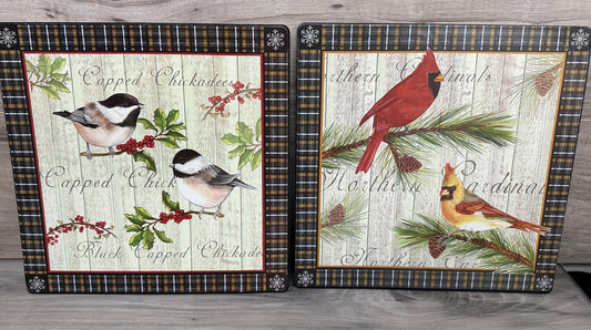 Set of two holiday bird pictures/metal plaques