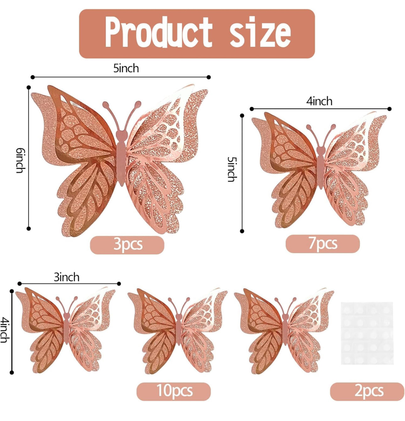 Ereniko 3D Big Double Butterfly Wall Decor Rose Gold Birthday Party Stickers Baby Shower Cake Balloon Effect, 22 pc