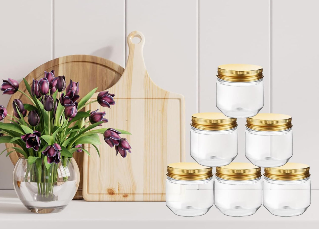 Tanlade 60 Pcs 3 oz Clear Plastic Jars with Lids Wide Mouth Mason Jars Mini Storage Containers Bulk for Herb Jelly Wedding Valentine Favors Shower Party Favors(Gold)