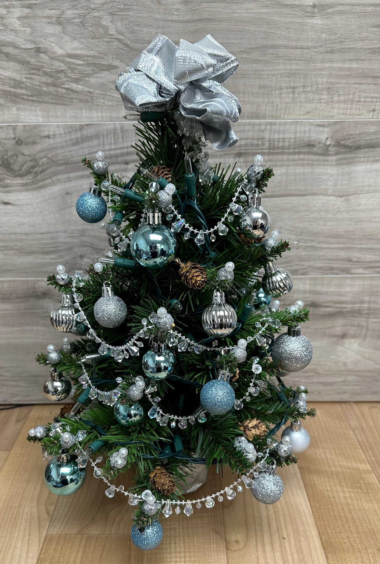 18” Mini lighted Christmas Tree with silver and blue ornaments made by hand