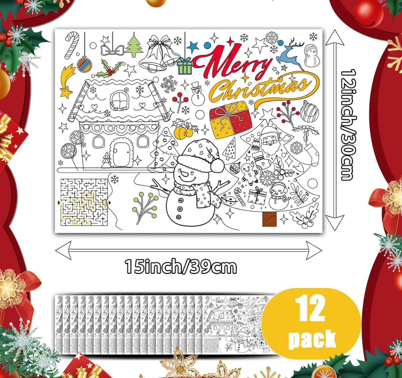 12 Pcs Christmas Placemats Paper Place Mats Disposable Christmas Coloring Placemats for Party School Christmas Supplies Disposable Placemats