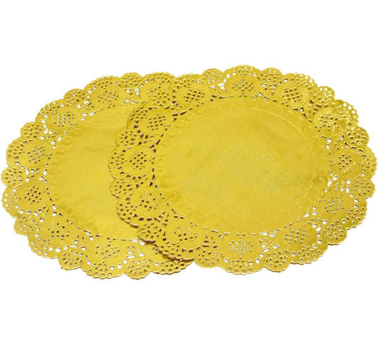 100 Pcs 12 Inch Round Lace Gold Paper Doilies Gold Foil Paper Placemats Doily Paper Pad for Cakes Crafts Party Weddings Tableware Decor