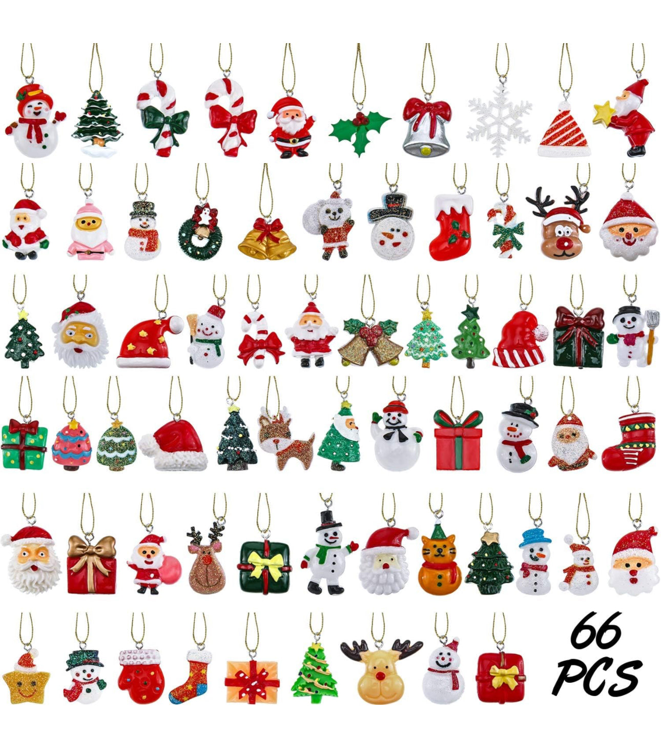 66 Pieces Mini Resin Miniature Ornaments Tiny Christmas Pendant Decoration with 65.6 Feet Gold Embroidery Thread for Christmas Tree