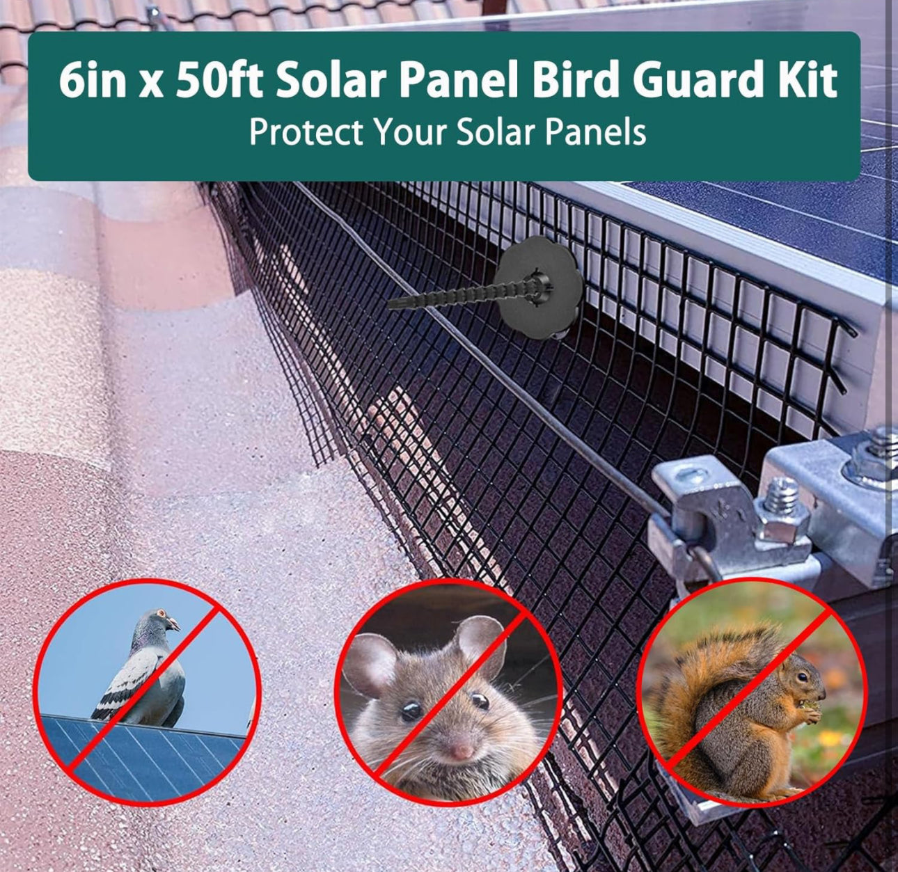 Solar Panel Bird Guard,6" x50'Critter Guard,PVC Coated Galvanized Critter Guard for Solar Panels with 30pcs Fastener Clips,Plier,Gloves,Solar Panel Mesh for Bird Proof Pigeon Fence