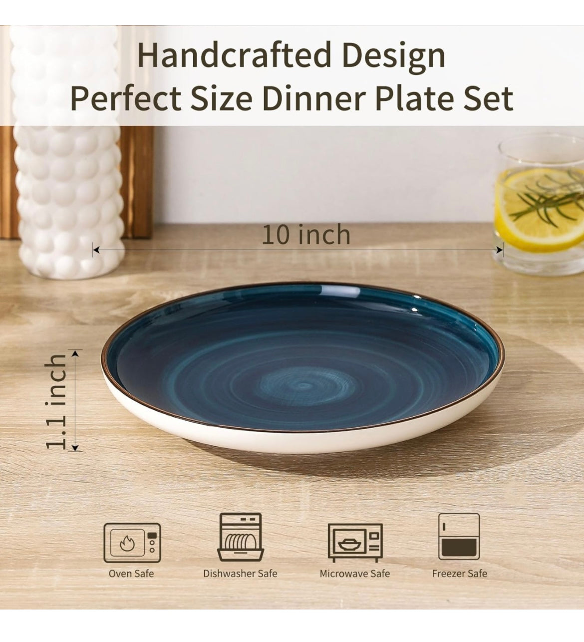 Dinner Plates Set of 6, 10 Inch Ceramic Dessert Plates, Stoneware Kitchen Plates Dish Det, Microwave Dishwasher Safe, Navy