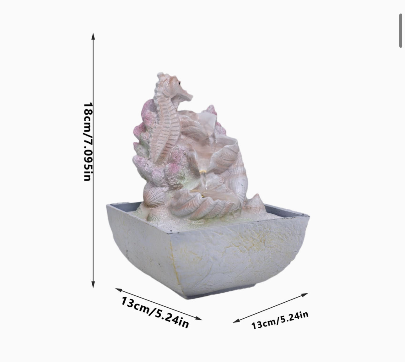 Ferrisland Tabletop Fountain Indoor, White Pink Resin Seahorse and Shell Waterfall Fountain with LED Lights and Adjustable Water Pump, 15.5" Tall Waterfall Fountain**BLACK BOTTOM