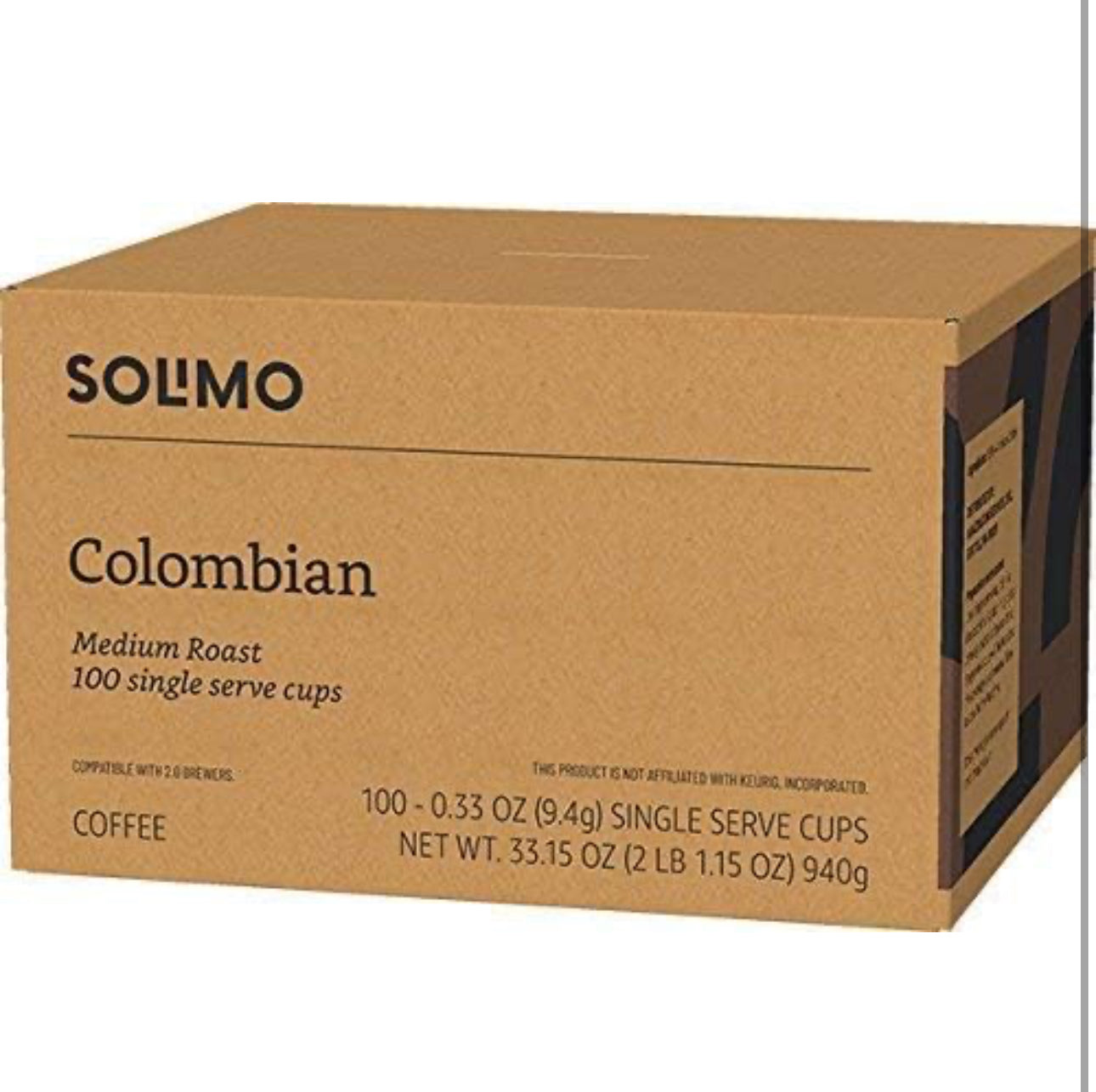 Solimo Medium Roast Coffee Pods, Colombian, Compatible with Keurig 2.0 K-Cup Brewers, 100 Count, best by may 2025