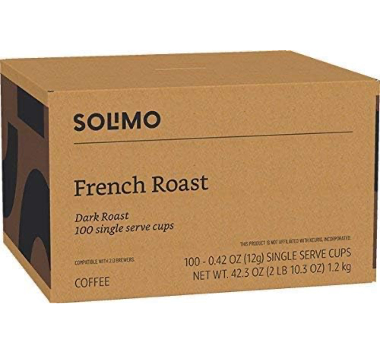 Solimo Dark Roast Coffee Pods, French Roast, Compatible with Keurig 2.0 K-Cup Brewers, 100 Count, best by 06/25