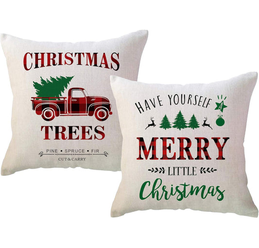 Red/Green Christmas Throw Pillow Covers Have Yourself A Merry Little Christmas with Vintage Xmas Truck Trees Farmhouse Winter Holiday Decorative Cushion Pillowcases 20 x 20 Inches,Set of 2