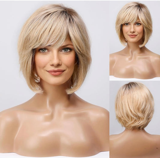 HAIRCUBE Short Blonde Wig for Women Hand-Tied Lace Front Human Hair Wig Layered Bob Wig with Bangs Blonde with Brown Roots Natural Wig for Daily Use