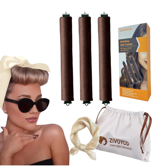 Heatless Hair Curler Overnight Blowout Curls Rods with Luxury Cloth Bag Silk Scarf, Heatless Curling Rod Headband to Sleep in No Heat Curling Headband with Hook for All Hair Types (3PC Brown