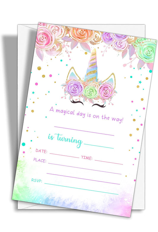 Magical Day Birthday Party Invitations, 20-Count Floral Style Birthday Party Invites With Envelopes