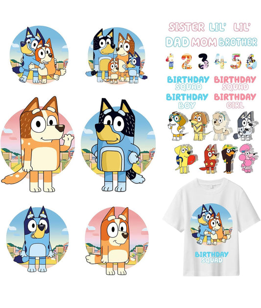 Bluey & Friends Birthday Iron on Transfer for Family Members Shirts - Blue Dog Print Matching Tees Shirt Silhouette Heat Decal Vinyl Patches Applique for Birthday Party Clothing Decoration Supplies