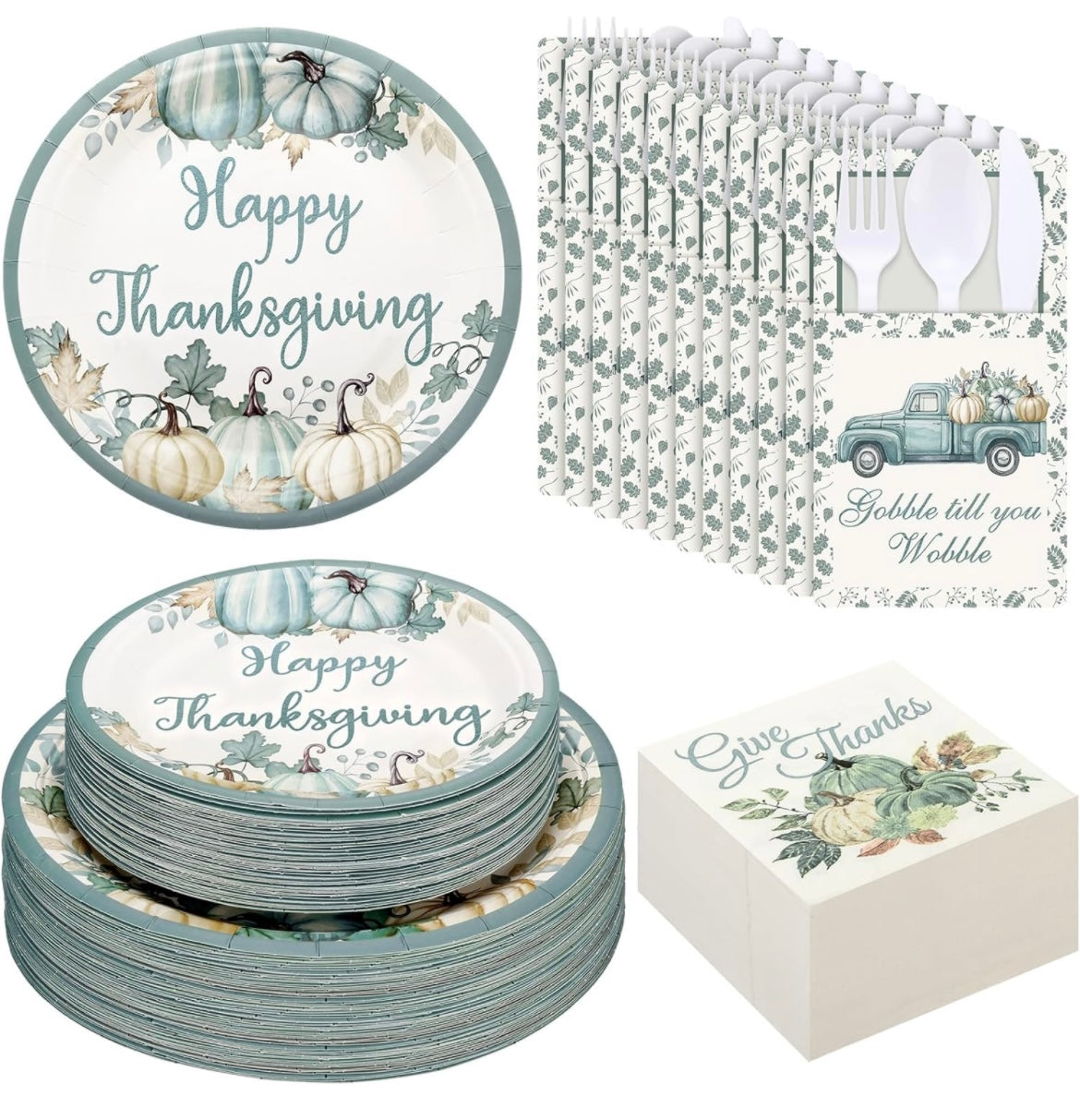 216pcs-Thanksgiving Plates Napkins Disposable Cutlery Holder Set Thanksgiving Centerpieces for Table Thanksgiving Decor for Dinner Turkey Autumn Leaves Fall Harvest Wedding Disposable Decor (Truck)