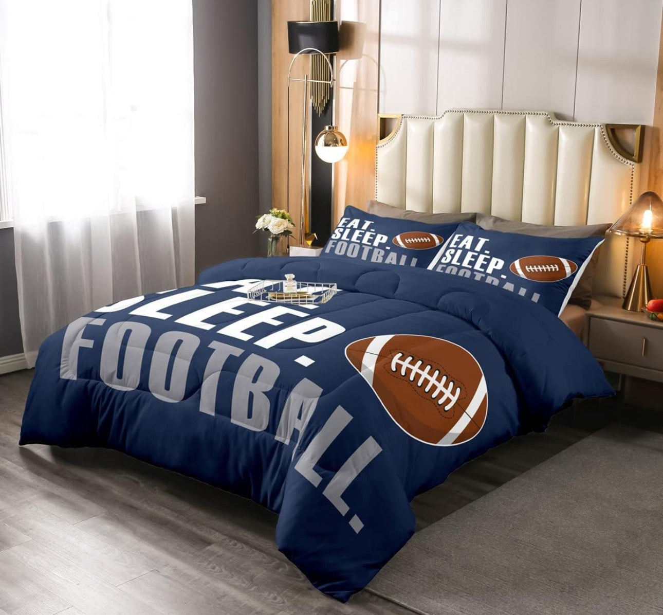 Rugby Comforter American Football Sports Bedding Set for Boys Girls Women Men Blue Eat Sleep Football Comforter Set Ball Games Room Decor Full Size Quilt Set 3Pcs