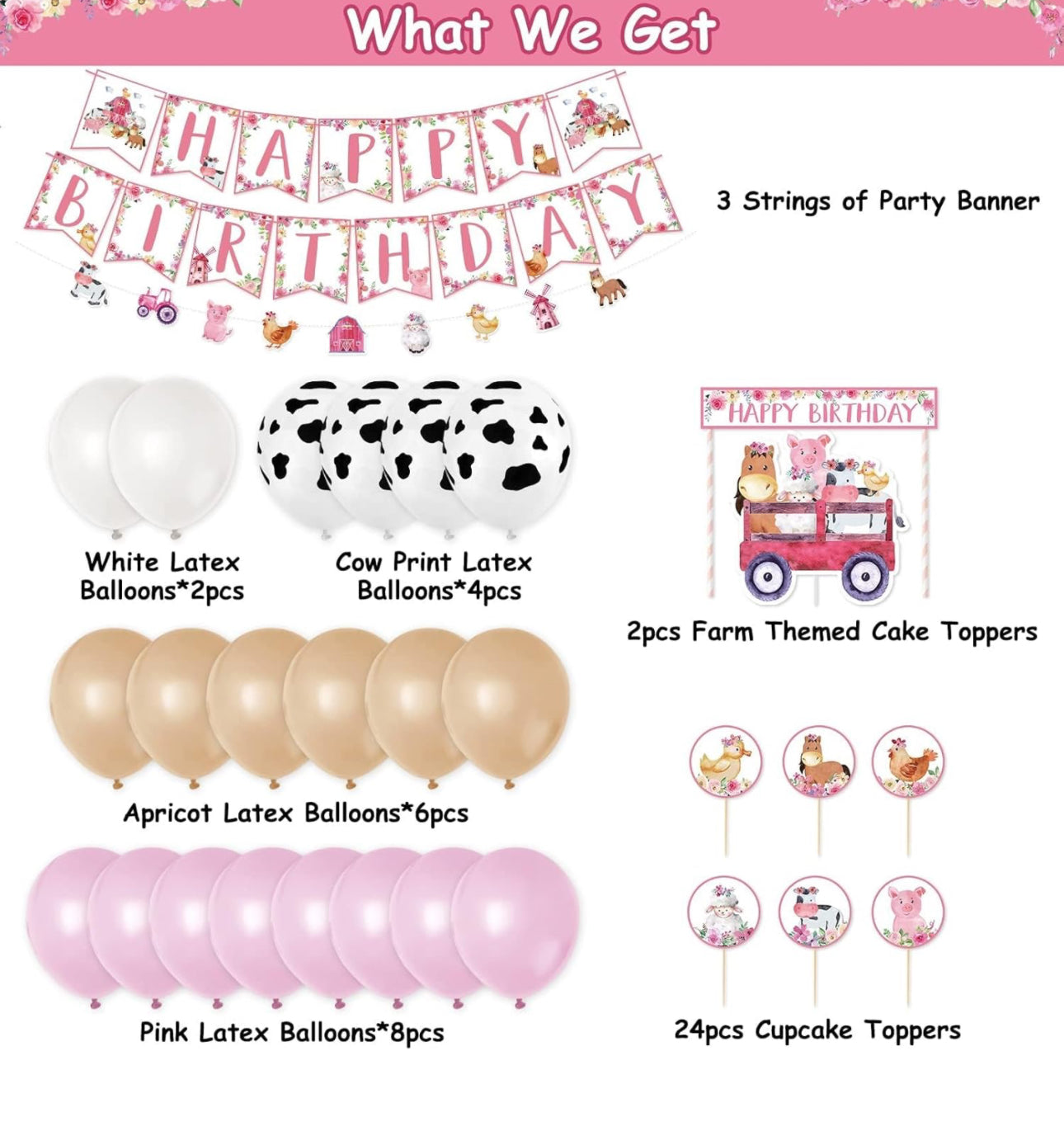 52Pcs Farm Animals Brithday Party Set Barnyard Themed Birthday Party Decors Cow Printed Balloon Baby Shower Party Ideas include Banners Balloons Cake Cupcake Toppers