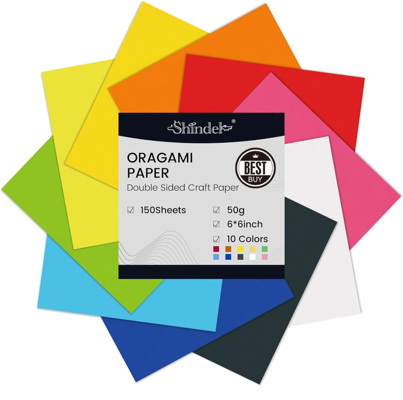 Shindel 10 Vivid Colors Origami Paper, Square Paper Double Sided Fold Paper 6x6 Inches, 150 Sheets Easy Origami for Beginners, Kids & Adults, DIY Crafts