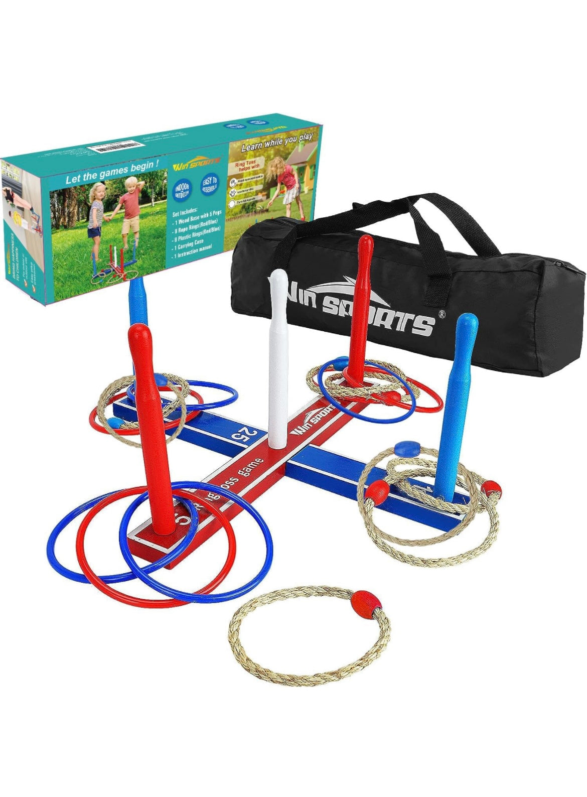 Premium Wooden Ring Toss Game Set - Win SPORTS Throwing Game Indoor Outdoor Games for Kids & Adults,Includes Wood Base,Fun Family or Friends Game