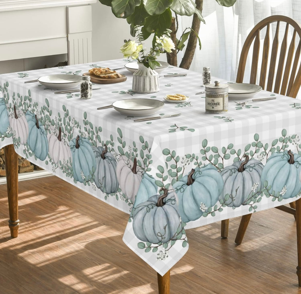 Horaldaily Fall Tablecloth 60x84 Inch Rectangular, Thanksgiving Autumn Harvest Blue Pumpkin Buffalo Plaid Table Cover for Party Picnic Dinner Decor