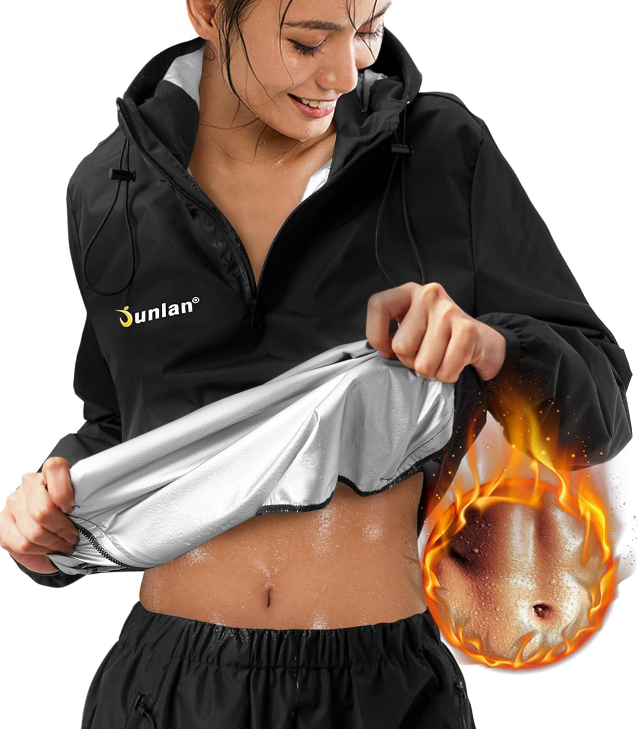 Junlan Sauna Suit for Women Sweat Sauna Pants Sweat Jacket Workout Sweat Suits for Women (A.Black Tops Only,Large)