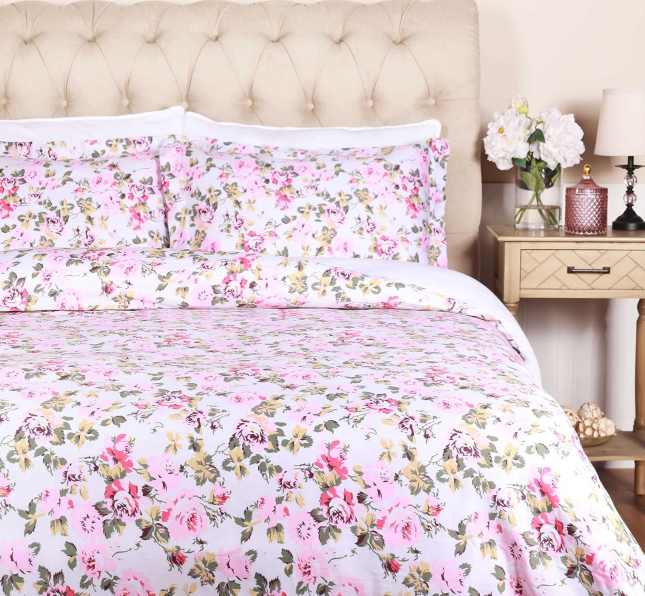 Superior 300-Thread Count Cotton Duvet Cover Bed Set with Pillow Shams, Durable and Breathable, Machine Washable, Vintage Floral Bedding Boho Wildflower, King/California King, White