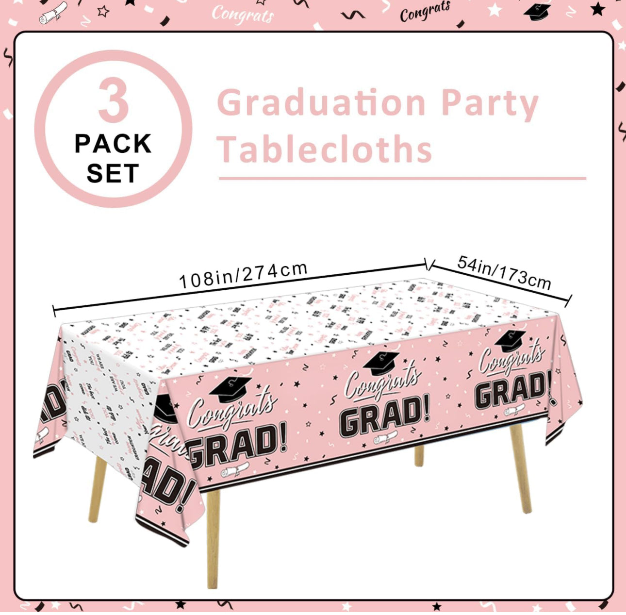 Congrats Grad Graduation Tablecloth for 2024 Graduation Party Supplies, 3 Pcs Pink Plastic Table Cloths, 54"x108"