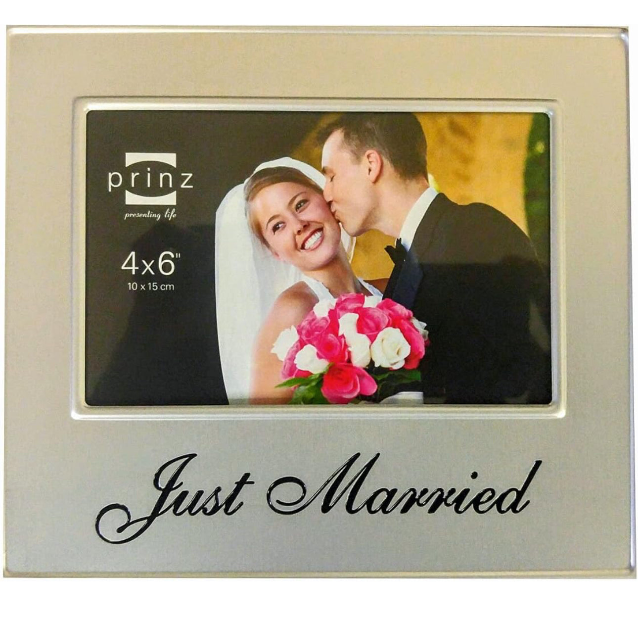 PRINZ Metal Standing Picture Frame, 6 by 4-Inch, w/Just Married Saying - Silver