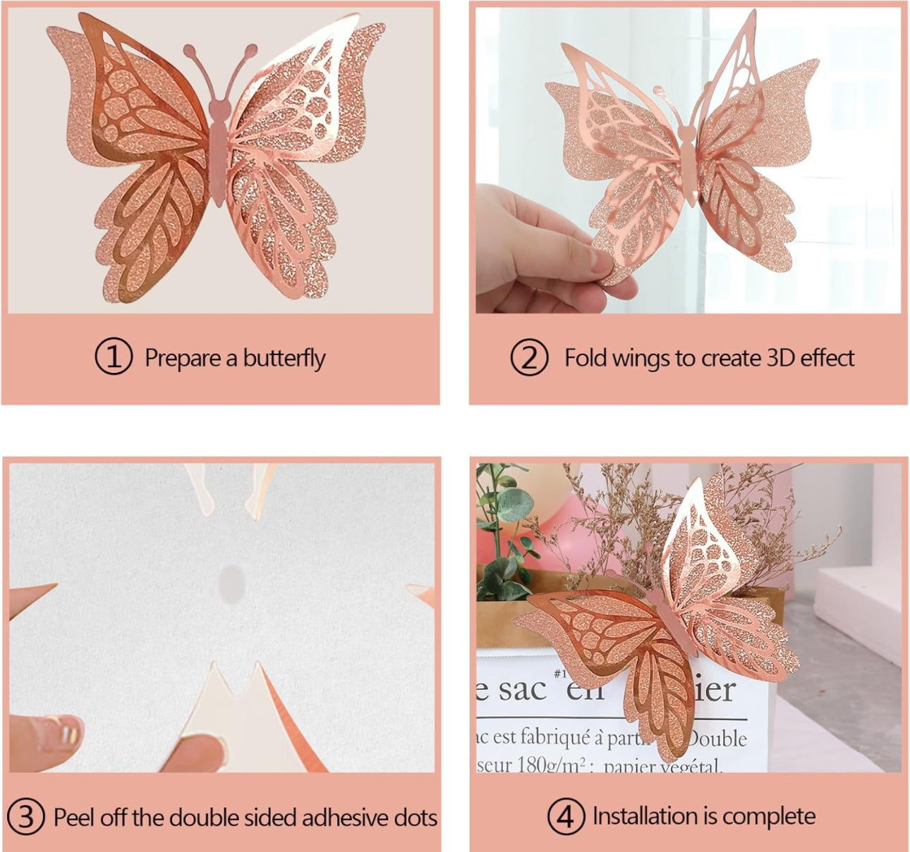 Ereniko 3D Big Double Butterfly Wall Decor Rose Gold Birthday Party Stickers Baby Shower Cake Balloon Effect, 22 pc