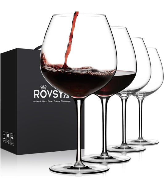 ROVSYA Red Wine Glasses Set of 4, Large Hand Blown Crystal Burgundy Glasses-Ultra-thin, Light for Best Wine Tasting,23.5OZ