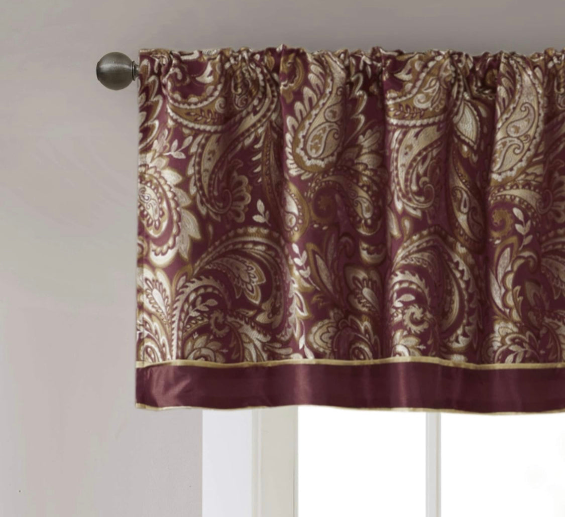 Madison Park Aubrey Faux Silk Paisley Jacquard, Rod Pocket Curtain 50 in x 18 in, Burgundy