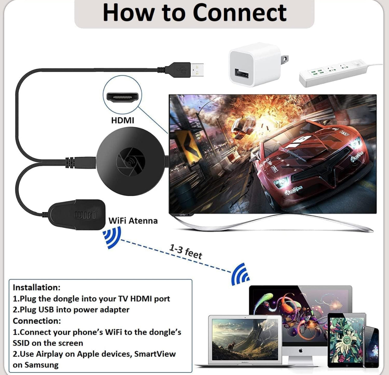 SmartSee Wireless HDMI Display Adapter WiFi Screen Cast Mirroring Media Streaming Dongle Receiver for Phone/PC/Tablet to HD Display TV Projector