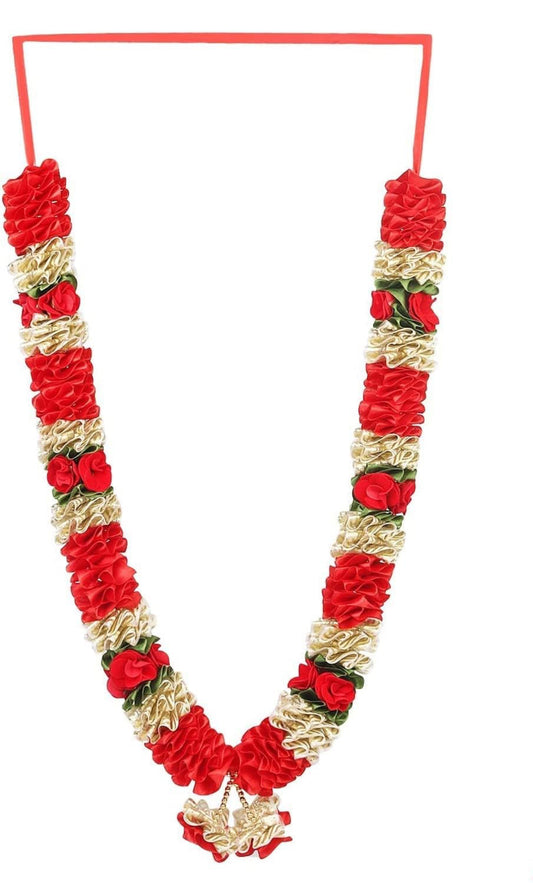 Handcrafted Two Artificial Flower Garlands, 24", Red and Gold for Weddings, Diwali, Pooja (Pack of 2)