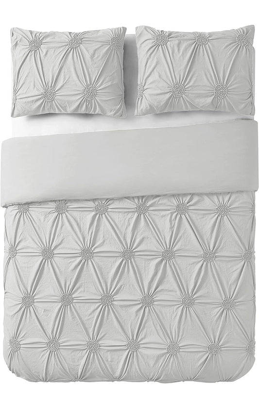 Swift Home Premium 2-Piece Ruched Pinch Pleat Rosette Floral Pintuck Duvet Cover & Sham Set with Corner Ties and Hidden Zipper - Light Grey, Twin/Twin XL (Comforter Not Included)