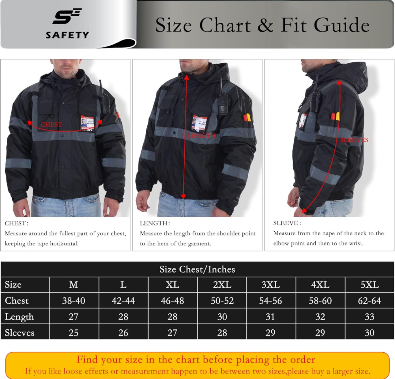 sesafety Reflective Hi Vis Bomber Black Jacket Men, High Visibility Safety Rain Jacket for Men, Work, Construction, L