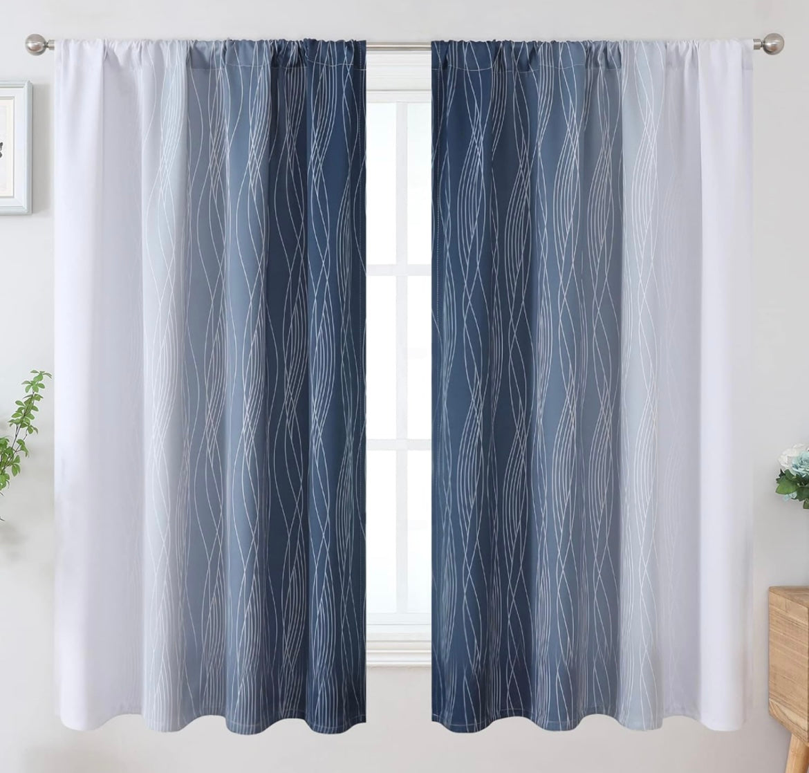 Estelar Textiler Rod Pocket Navy Blue and White Blackout Curtains 63 Inches Long, Full Light Blocking Window Curtains for Bedroom, Thermal Insulated Room Darkening Drapes,52x63 Inch, 2 Panels