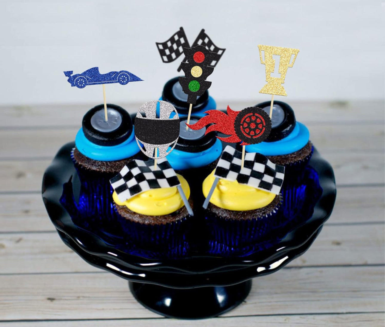 24Pcs Race Car Cupcake Toppers Glitter Traffic Light Wheel Trophy Flag Helmet Racing Car Cupcake Picks